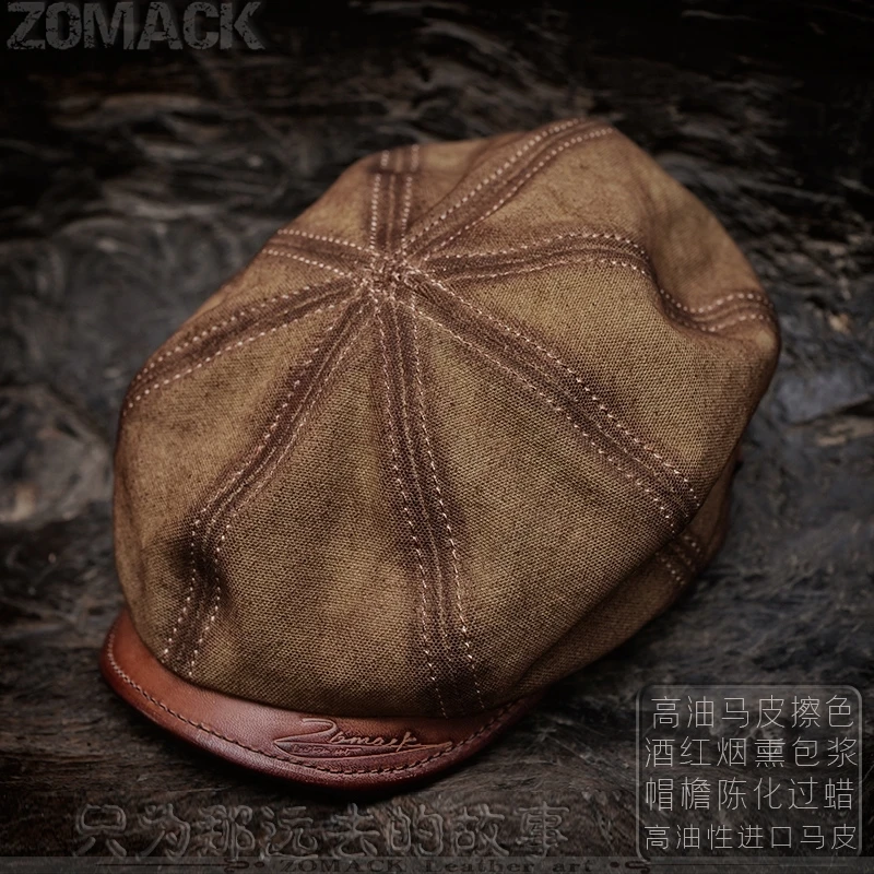 Handmade American Retro Hat  Leather Octagonal Cap Canvas Newsboy Beret Duckbill Ins Trendy Japanese Style Distressed Yuppie