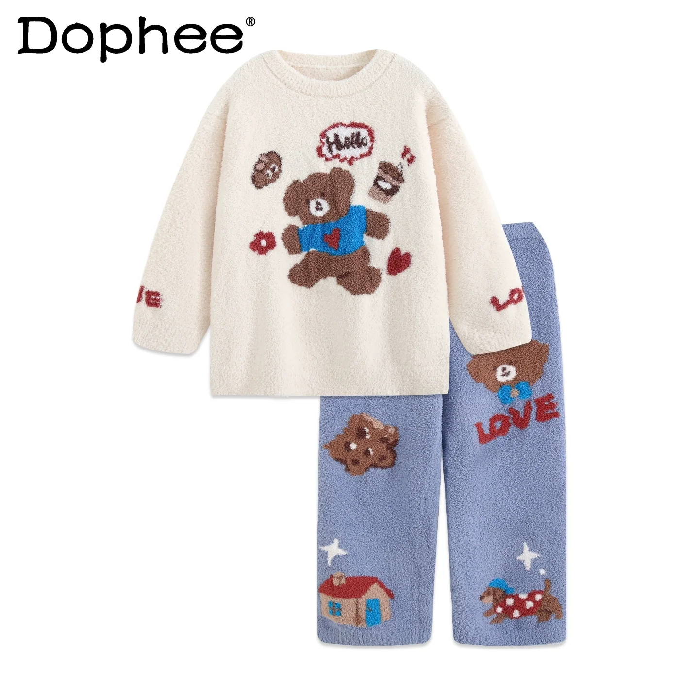 

Japanese Sweet Style Women's Pajamas Autumn Winter Thin Velvet Cute Thickened Coral Fleece Round Neck Set Wearable Homewear