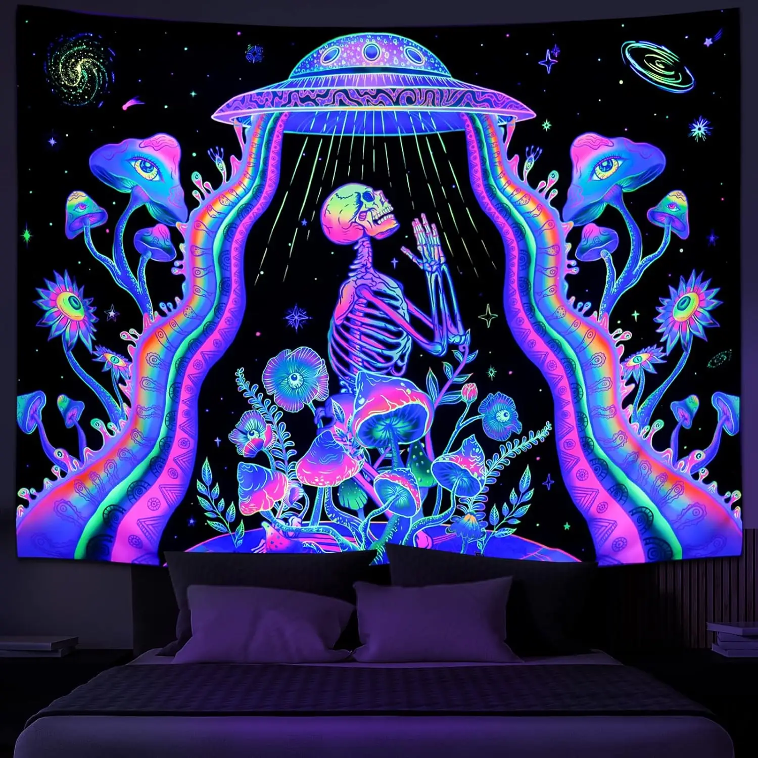 Blacklight Skull Tapestry For Bedroom, Glow In The Dark Mushroom Floral Wall Hanging, Black Light UFO Skeleton Tapestry