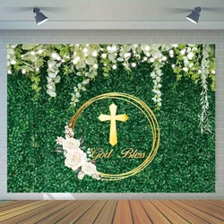 Communion photography background with green leaf wall, floral cross and God bless design