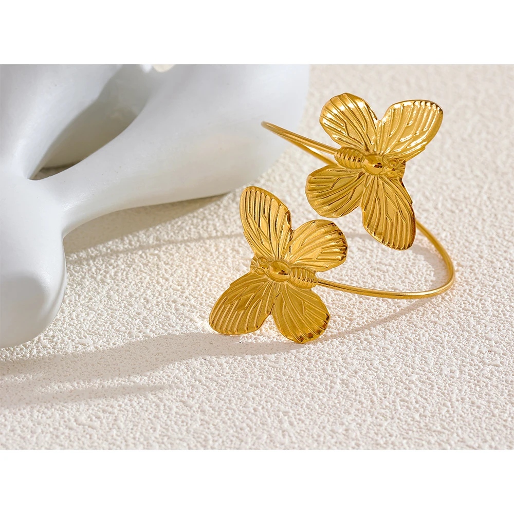 Yhpup Waterproof Metal Large Golden Butterfly Open Cuff Bracelet Bangle Stainless Steel High Quality Charm Statement Jewelry