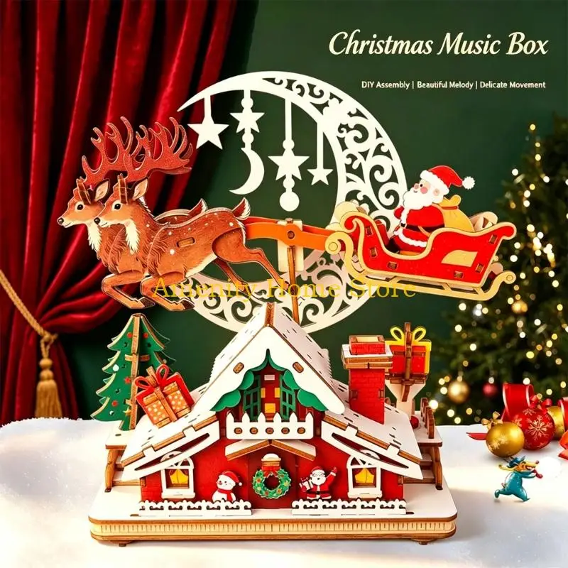 F26C Artistic DIY Wooden Christmas Ornament With Light Up Feature And Musical Tone Building Puzzle Music Box Holiday Gift