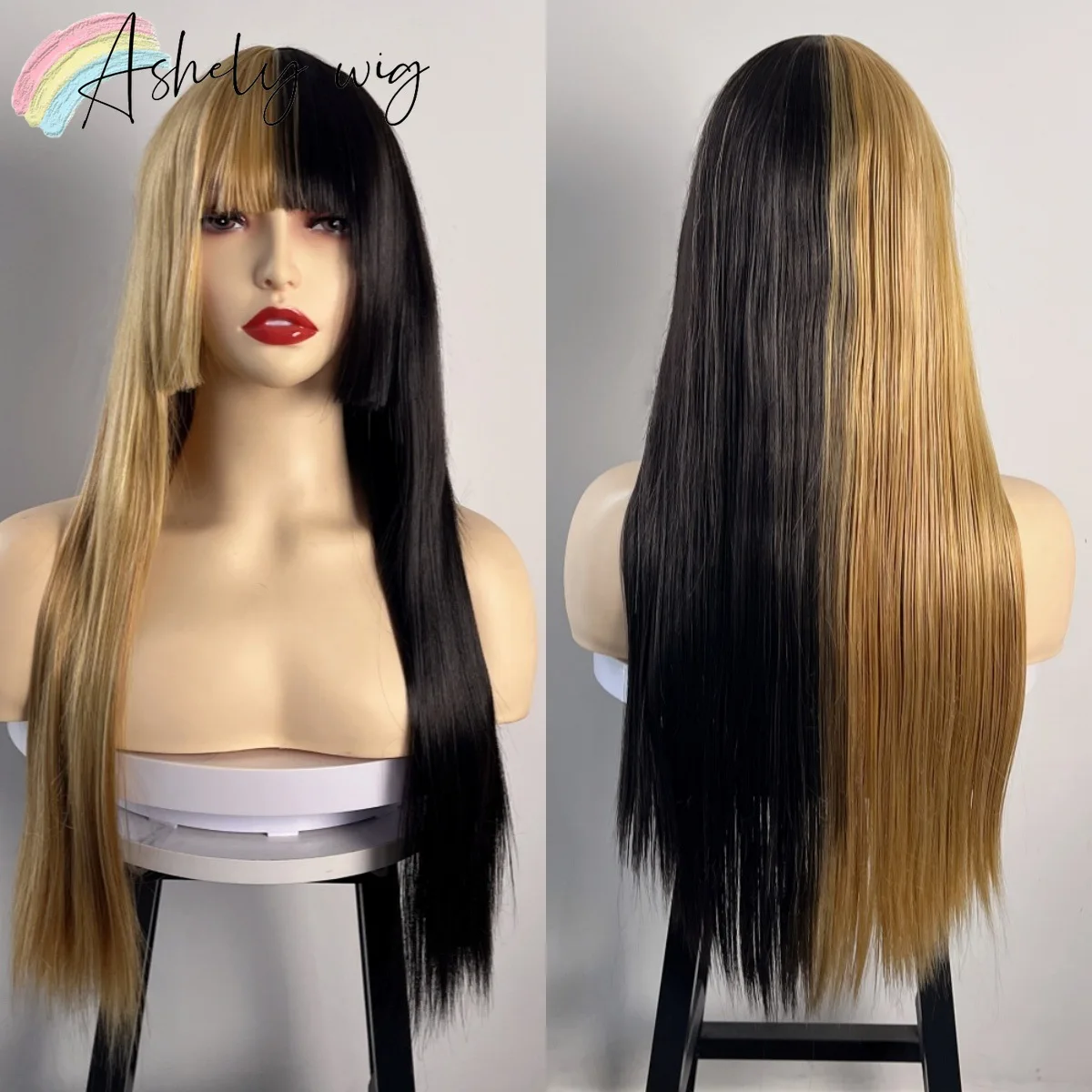 Ashely Synthetic Wig with Bangs Cool Two Colors Spliced Cosplay Wig for Women 26inch Long Straight Wigs on Clearance Sale Peruca