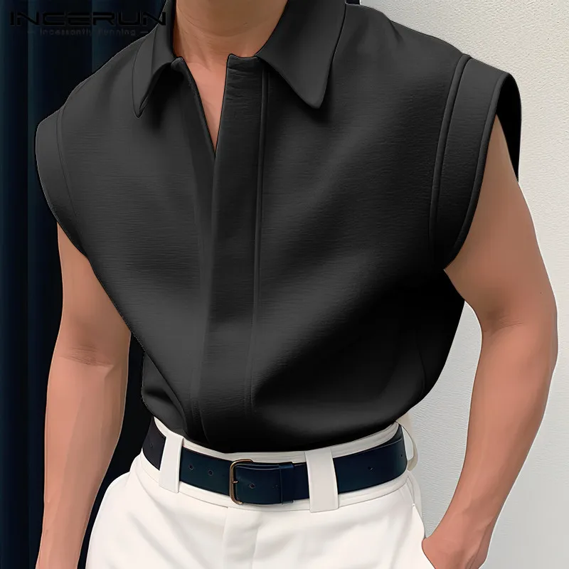 INCERUN Tops 2024 Korean Style Handsome Men\'s Simple Shirts Stylish Streetwear Solid Well Fitting Lapel Sleeveless Blouse S-5XL