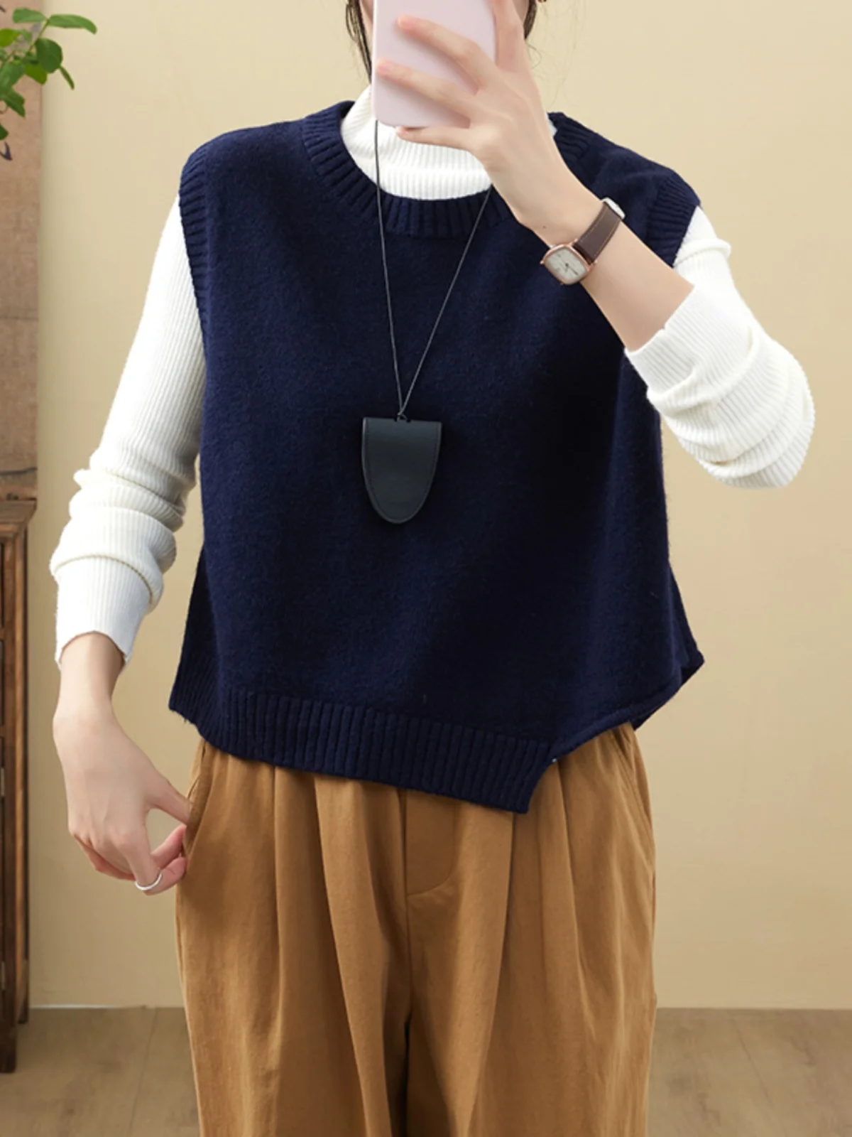 سترة نسائية محبوكة سترة علوية غير متناظرة بطبقات فضفاضة سترة كتف وسادة شتوية للتنقل Sle مستديرة Ne