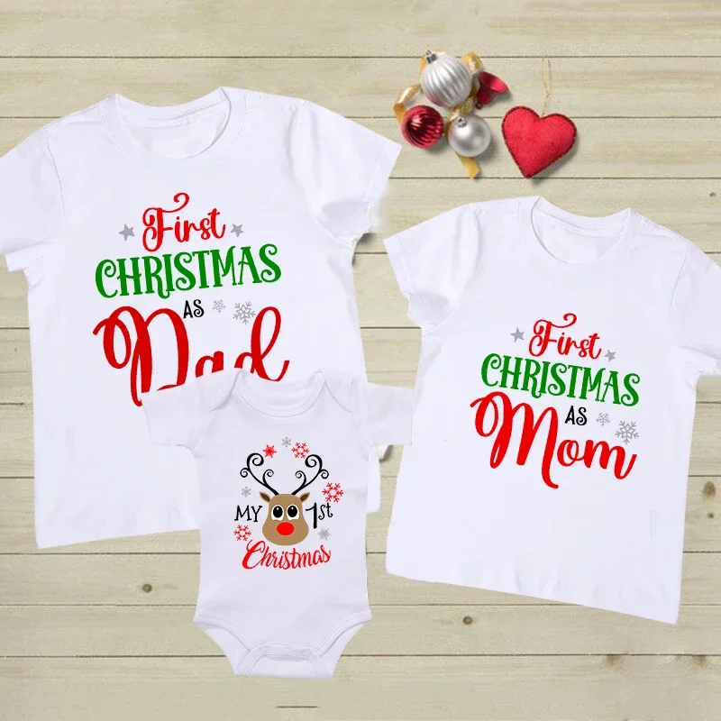 First Christmas As Dad and Mom T-shirt Baby 1st Christmas Infant Romper Daddy Mommy and Me Xmas Holiday Family Matching Tees