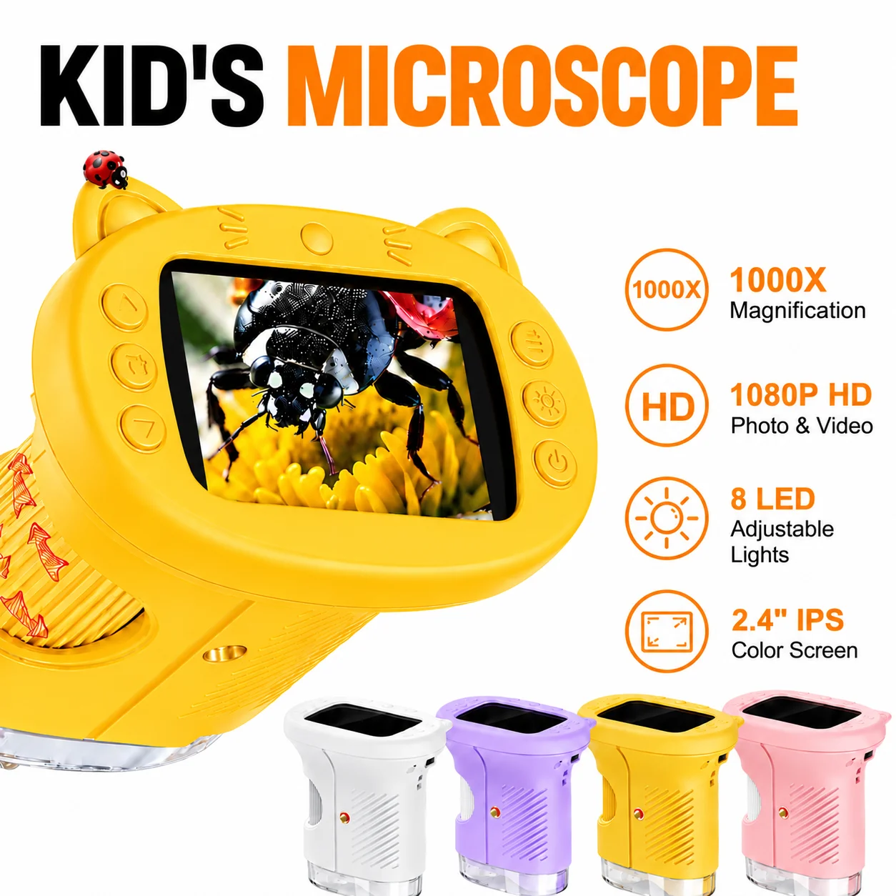 1000X Kids Microscope 2.4-Inch Handheld Digital Microscope USB Microscope Camera 8 LEDs Educational Toy Gift for Kids Students
