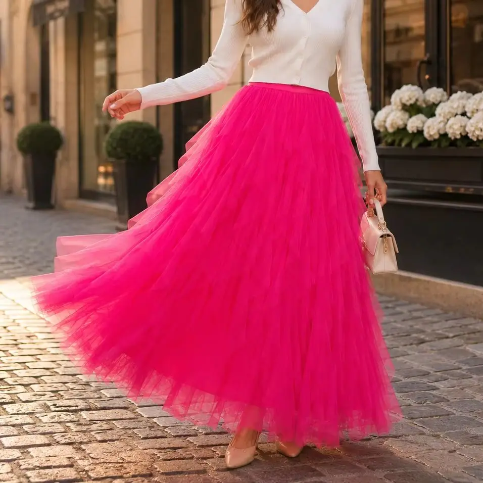 Women Solid Color Tulle Long Maxi Skirt High Waist Mesh Pleated Tutu Skirt Elegant Fairycore Spring Summer Party Wear Outfit