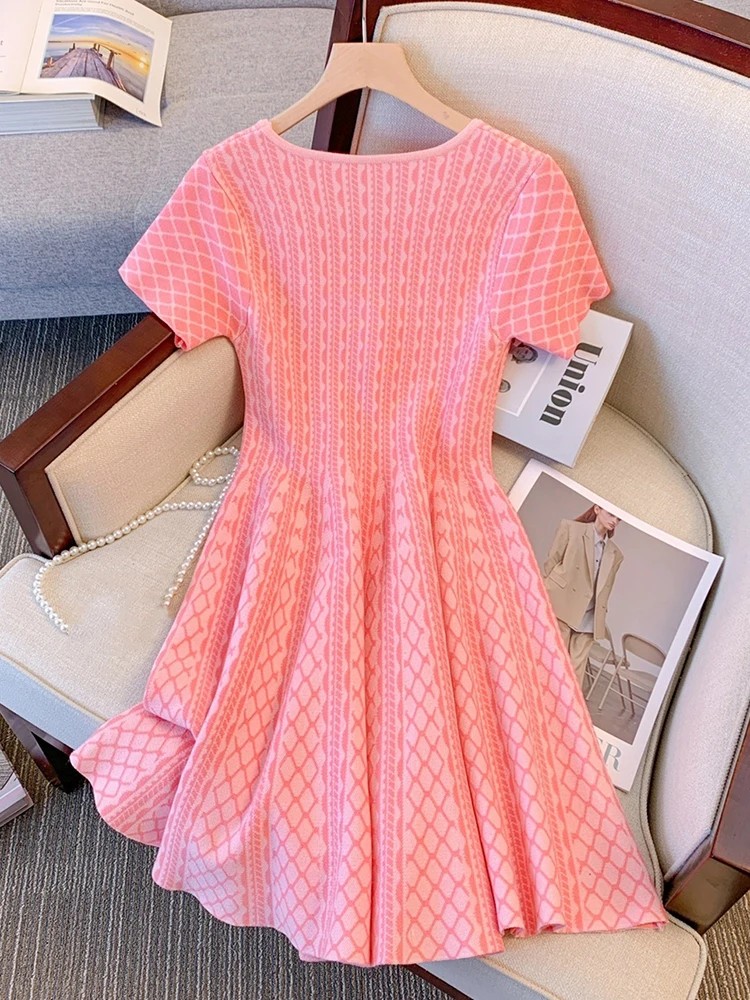 2024 Summer Small Fragrance Short Sleeve Dress Knitted Sweater Dress Women Vintage Party Mini Dress Elegant Casual Femme