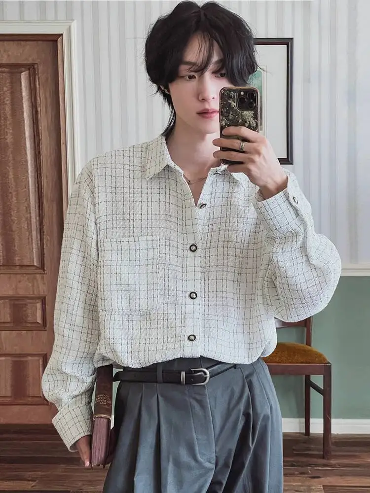 

SYUHGFA 2025 Autumn Niche Design Men Shirt Turn-down Collar Plaid Long Sleeve Contrast Color Pocket Single Breasted Male Tops