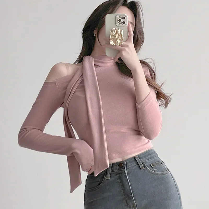 Elegant Dongdaemun Korean Newborn Soft Pink Polo/turtle Neck T-shirt Long Sleevet-shirtgn