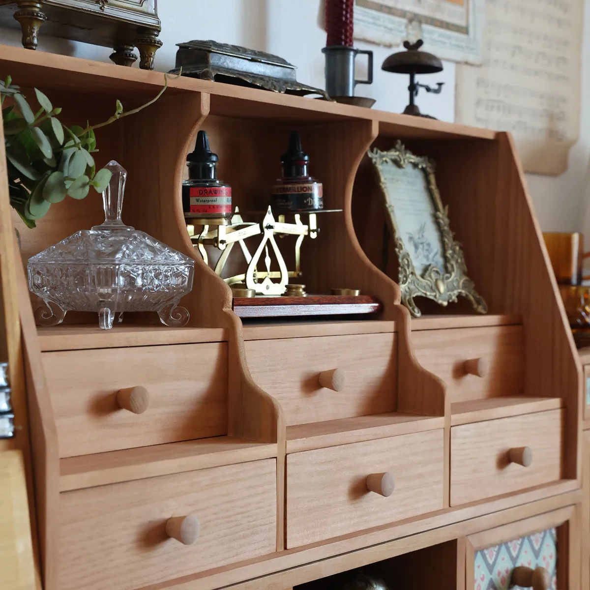 French Vintage Wooden Desk Organizer With 6 Drawers, Cottagecore Tabletop Hutch, Journaling Storage Shelf