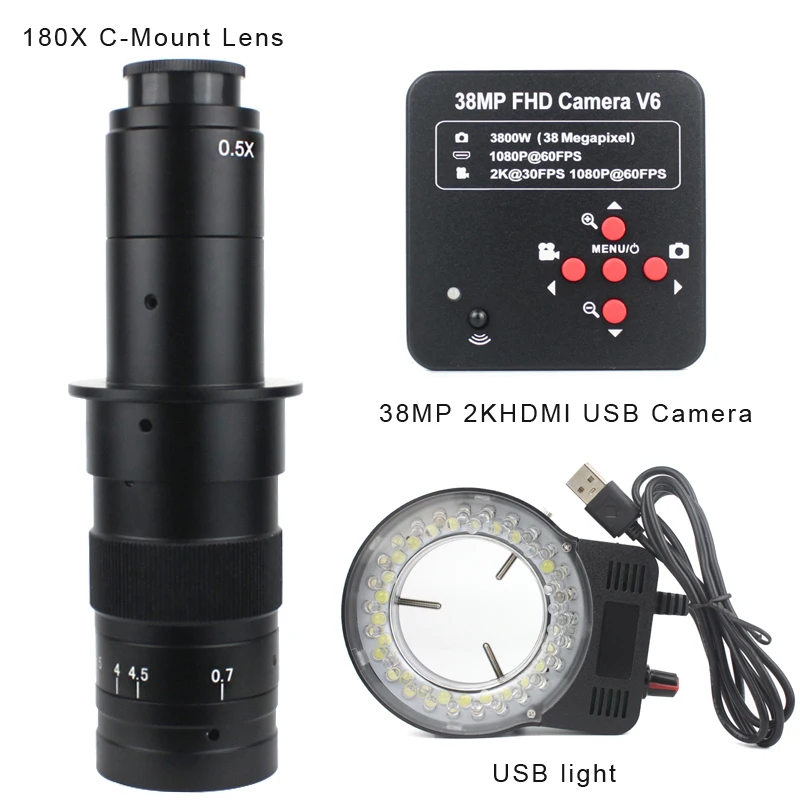 HDMI 38MP USB Digital Video Microscope Camera Professional Industrial 180X Zoom C-Mount Lens For PCB Phone Repair Soldering