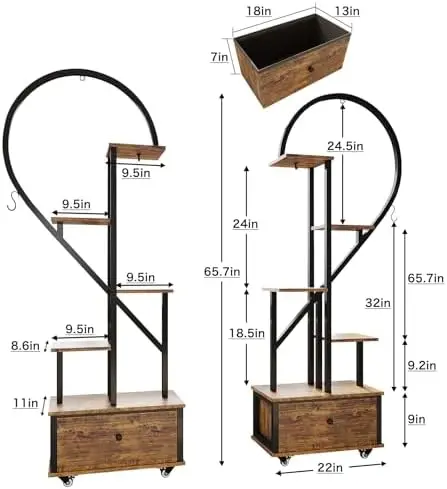 Heart Shaped Indoor Plant Stand, Rustic Brown, 2 Pack | Rolling Storage Cabinet & Drawer, Multi-Tier Shelf, Hanging