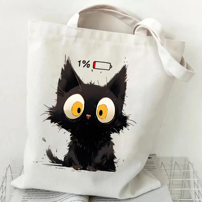 Anime Black Cat Print Canvas Bag Tote Bag Women Graphic Casual Fashion Teen Handbag Cartoon Kitten Ladies Travel Shopping Bag