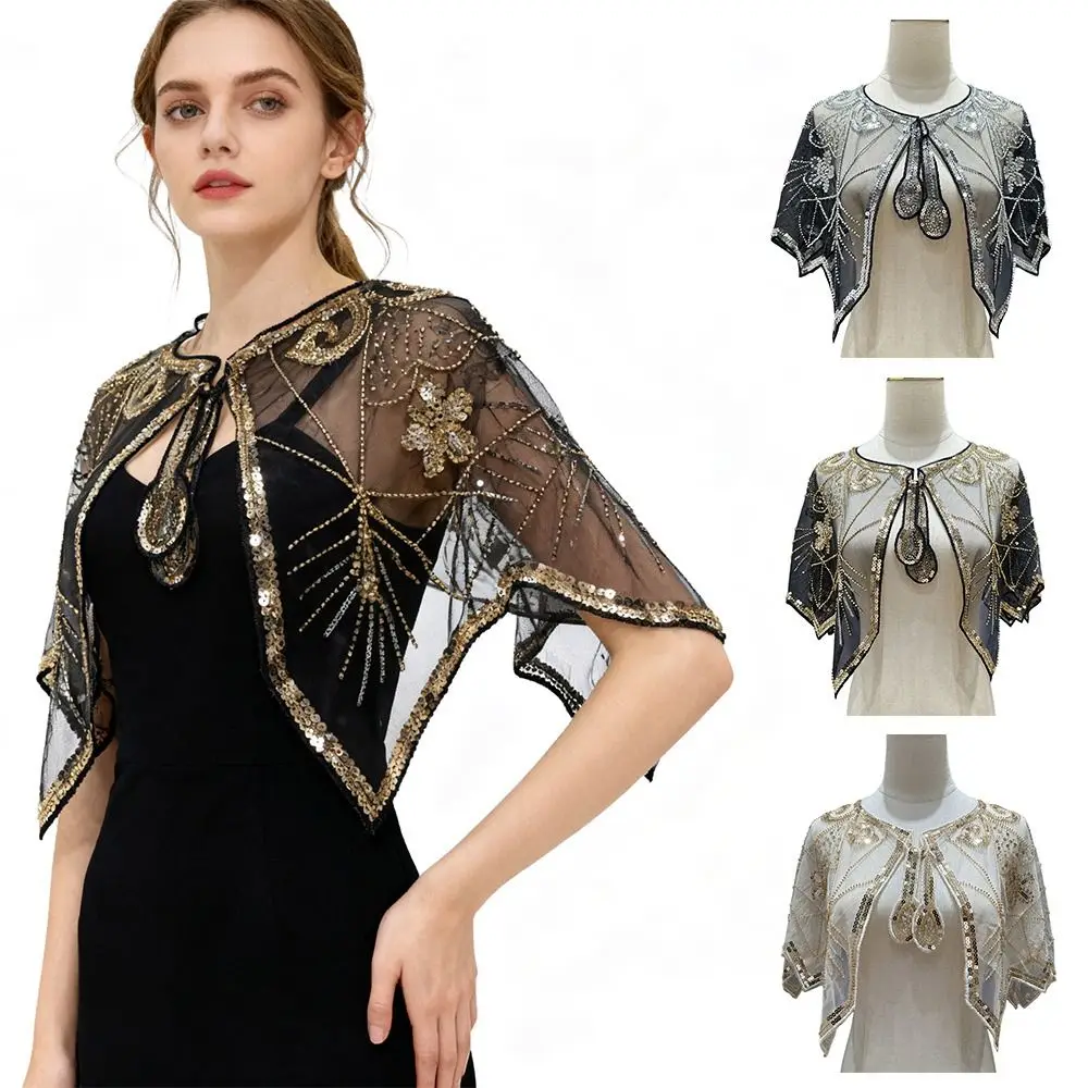 

Винтажная шаль 1920-х годов с платьем, накидка ручной работы из бисера, накидка с блестками, короткая накидка