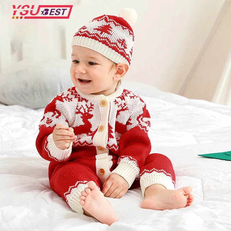 Christmas Knit Elk Romper Warm Baby Clothing Newborn Infant Toddler Boy Girl Long Sleeve Jumpsuit + Hat Fall New Year Outfits