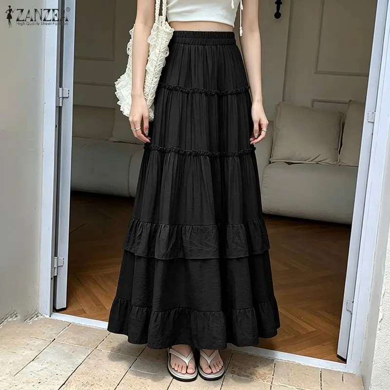 ZANZEA Summer Casual A-line Holiday Faldas Saia Jupes Elegant Women High Waist Long Skirts Solid Party Skirt Ruffled Sundress