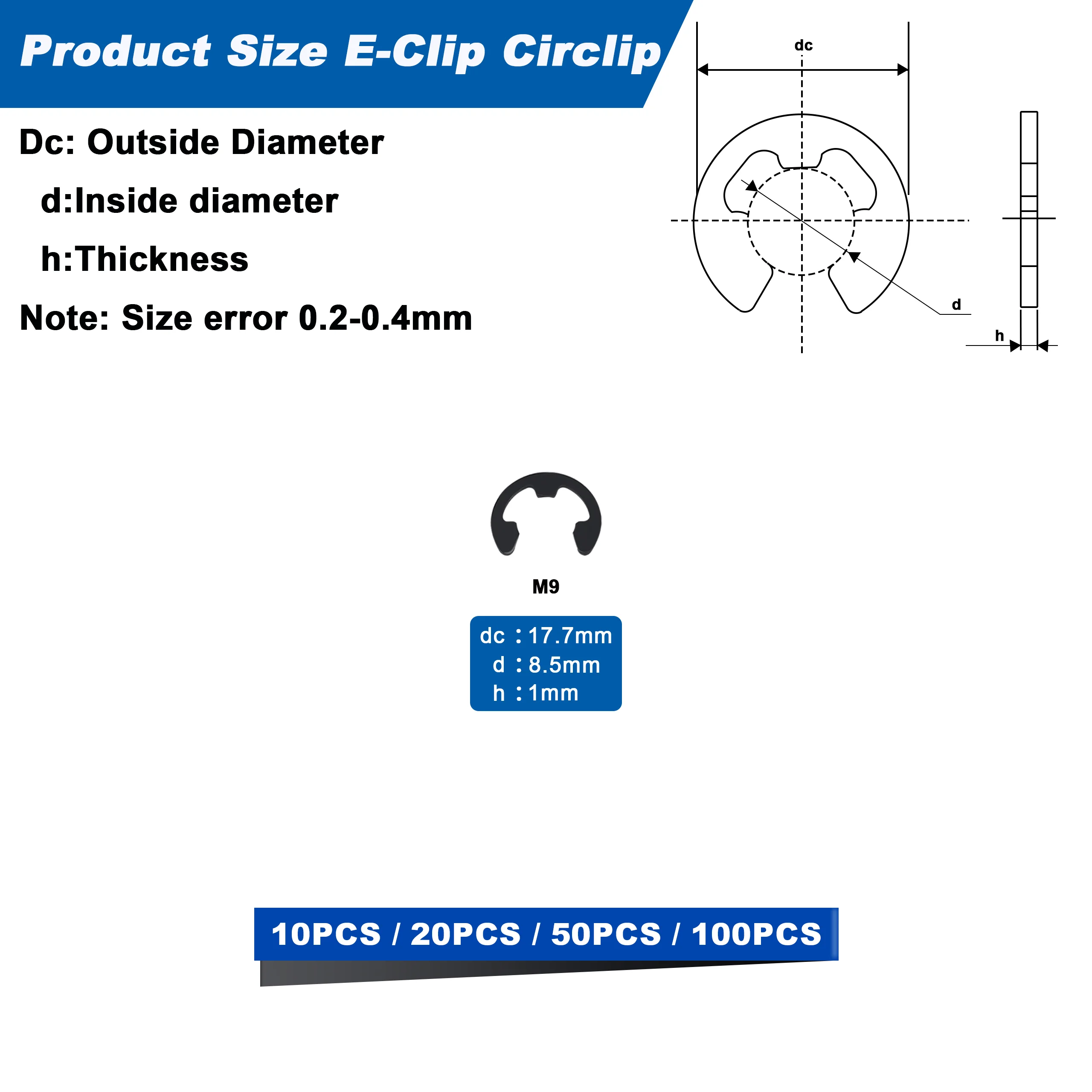 M9 Small E-Clips Circlip External Retaining Rings, E Clips External Carbon Steel Rings 20PCS 50PCS 100PCS 150PCS