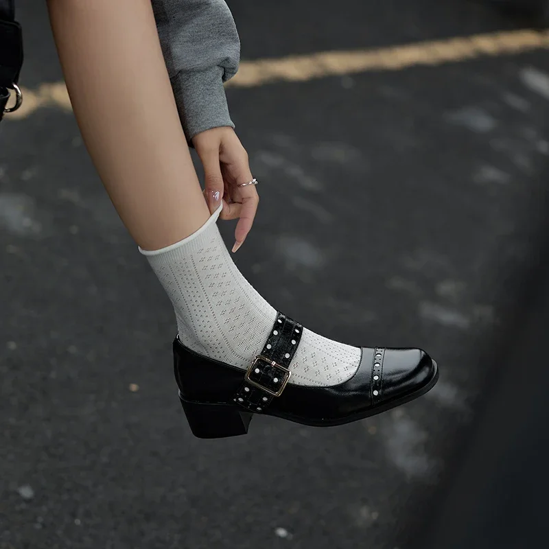 

2025 new spring autumn women pumps natural leather 22-25cm cowhide+sheepskin t-buckle Mary Jane Shoes Hollow Block high heels