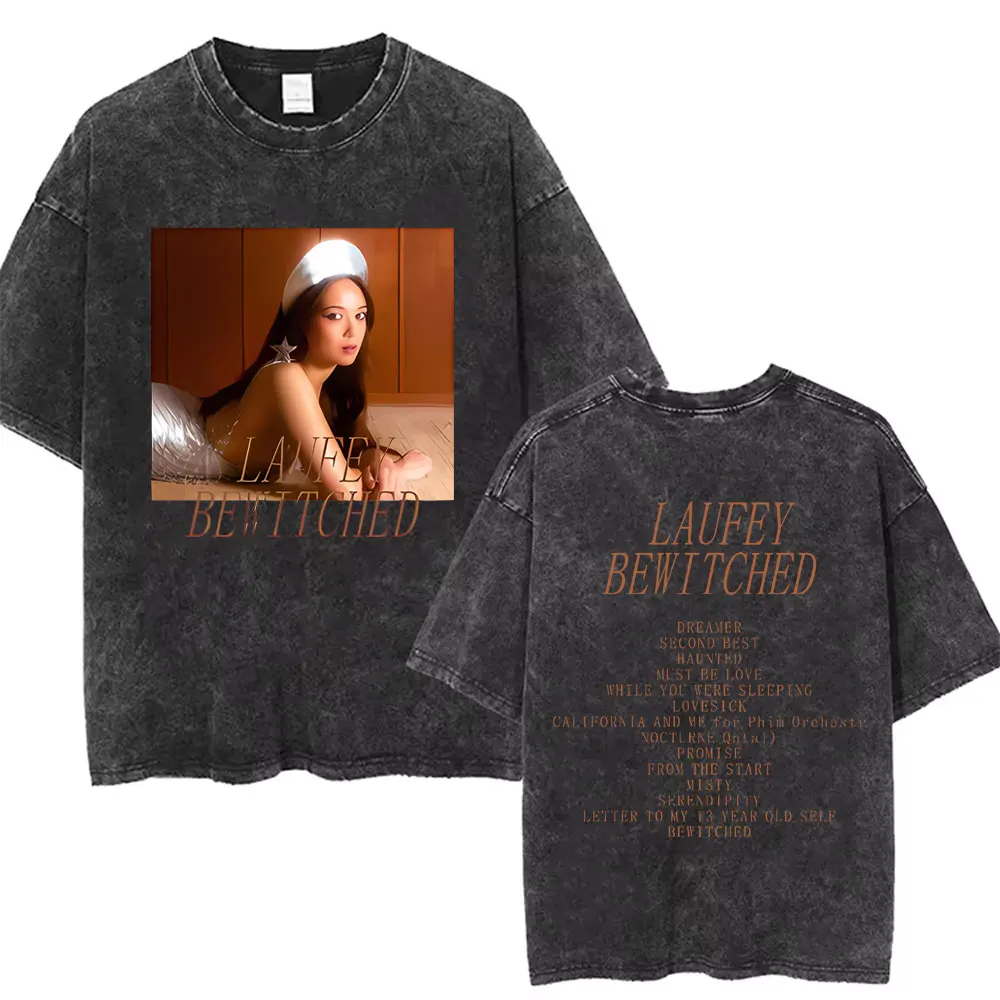 Washed Vintage Singer Laufey Bewitched The Goddess Tour T-Shirt Men Women Casual Oversized Tshirt Tops Unisex Fashion Streetwear