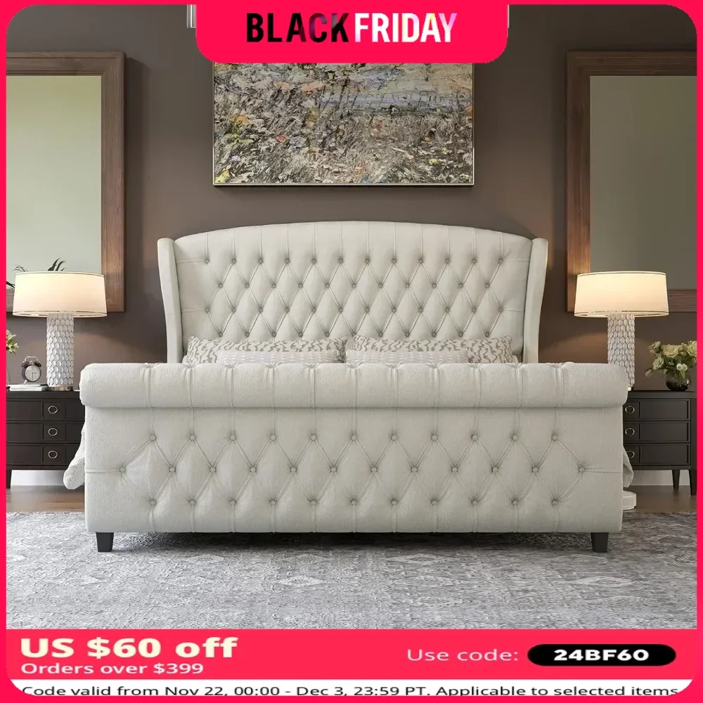 Queen Size Bed Frame, Chenille Upholstered Sleigh Bed with Scroll Wingback Headboard & Footboard/Button Tufted, Queen Bed Frame