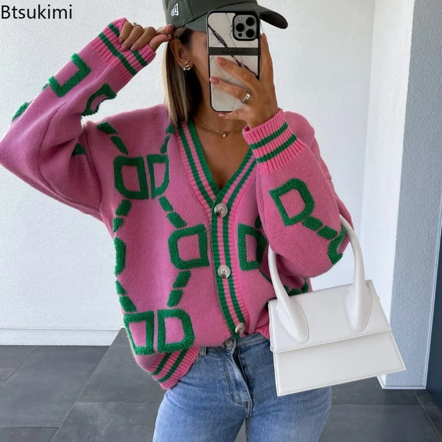 

2025 Autumn Winter Towel Embroidered Knitted Cardigan Fashion Women Long Sleeve Loose V-Neck Sweater Female Fashion Streetwear