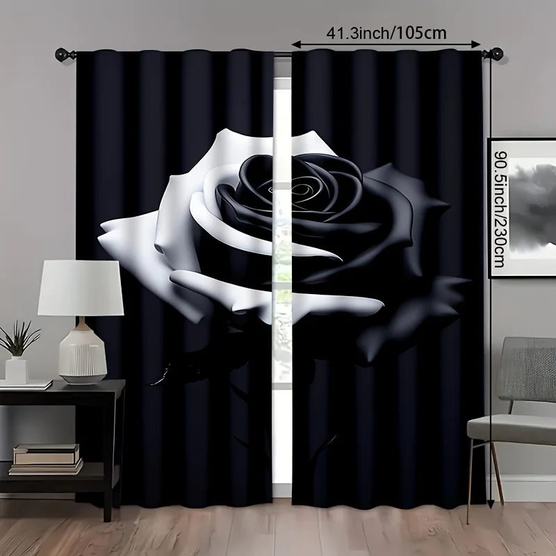 2pcs B&W Rose Door Curtains,Thermal, Light-Filtering Rod Pocket Panels for Living Room, Bedroom, Kitchen & Office, Elegant Decor