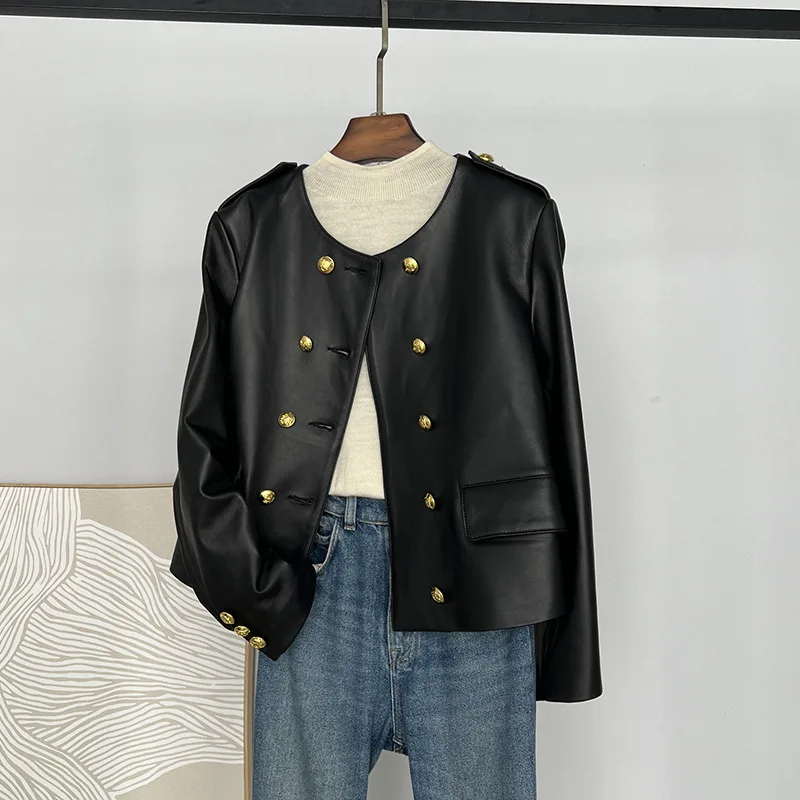 

2023 New Round Neck Short Genuine Leather Coat Women Double Breasted Natural Sheepskin Jacket Female Retro Style Veste Femme FCY