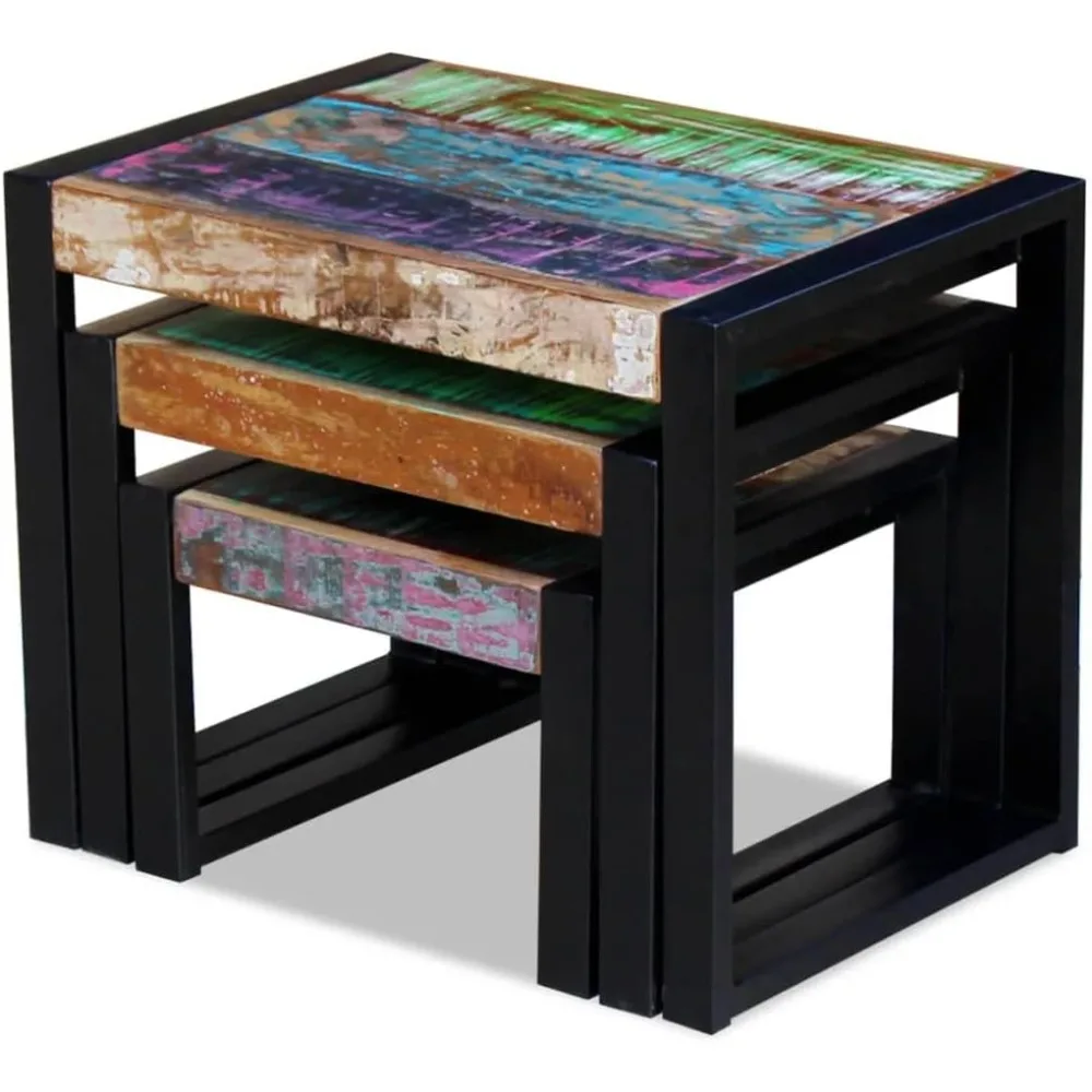 طقم طاولات متداخلة عتيقة مكونة من ثلاث قطع مع أرجل من الخشب والصلب الأسود المستصلحة - لمسة نهائية متعددة الألوان لغرفة المعيشة متعددة الاستخدامات #4