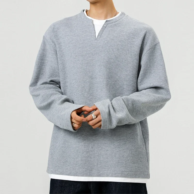 Men Casual Loose‑Fit Waffle Knit Fake Two‑Piece T‑Shirt Long‑Sleeve Notch V‑Neck Drop‑Shoulder Daily Pullover Tops