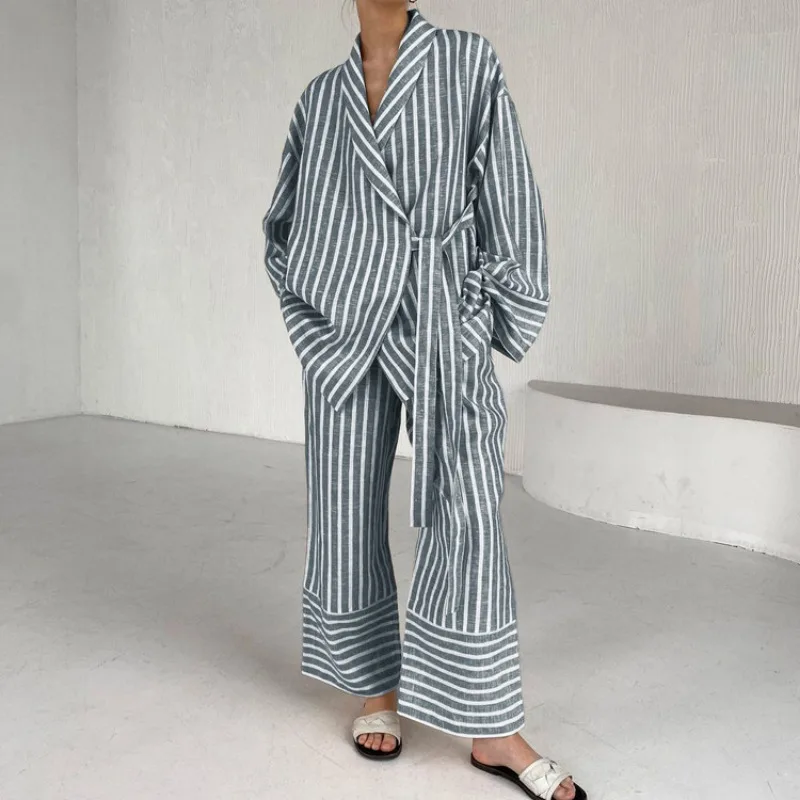 Long Sleeve Shirt Top High Waist Loose Pants Homewear Loungewear Autumn Stripe Two Piece Pants Set Tracksuit Vacation Outfits