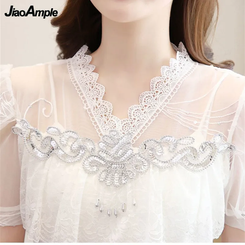 Women\'s Summer Fashion Lace Tops Wide Leg Shorts Two Pieces Korean Elegant V-Ncek Blouse Shirts High Waist Black Pants Suits