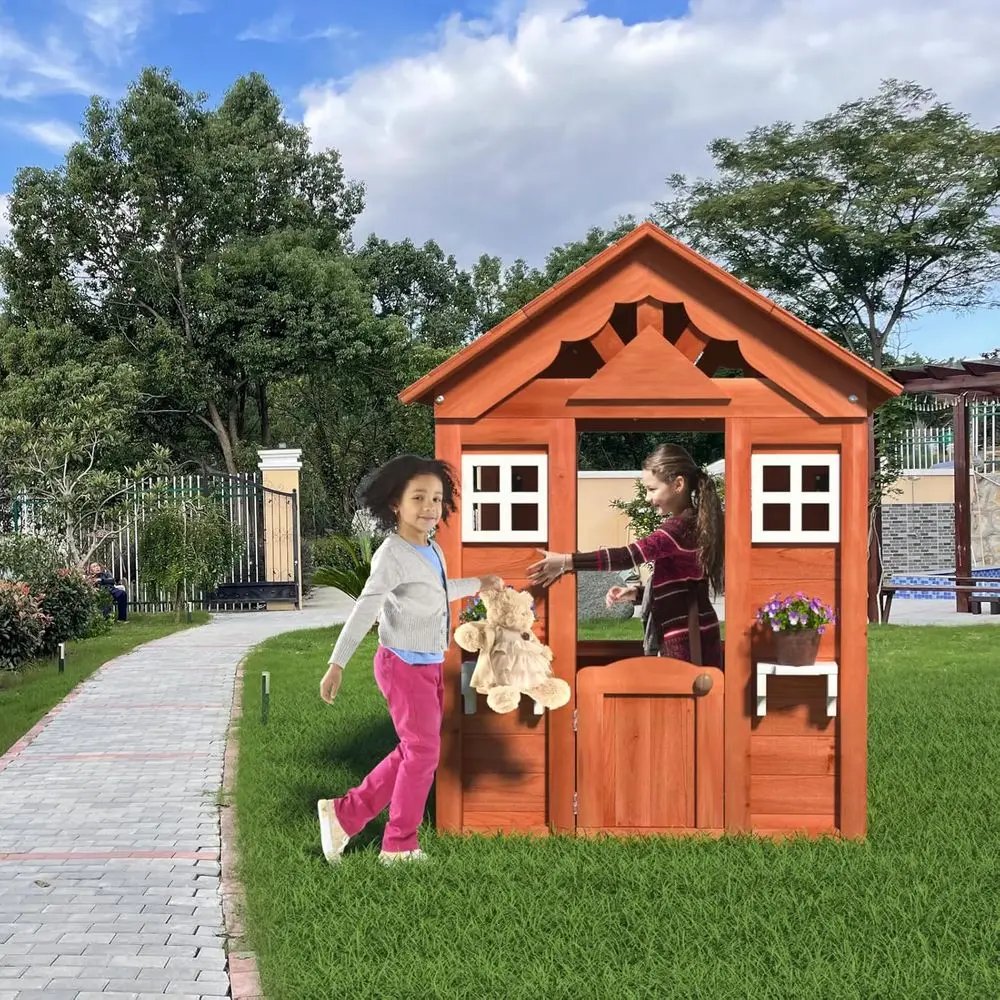 

Solid Wooden Playhouse for Outdoor Kids, Golden Red Cottage with Windows, Flowerpot Holders, Half Door, and Side Snack Window