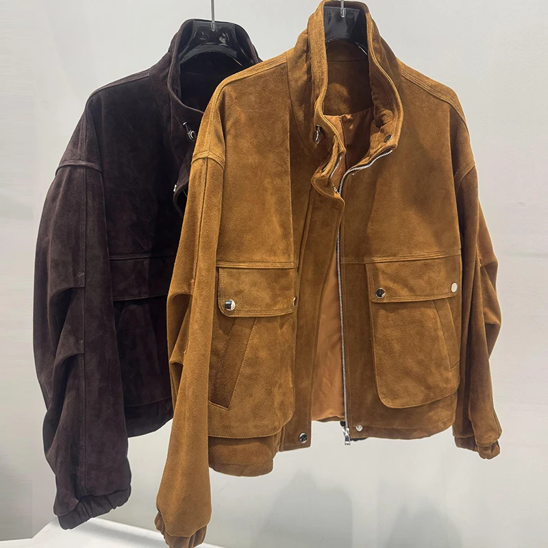 

100% Genuine Leather Goatskin Suede Jacket Coats 2026 New Women's Stand Collar Casual Loose Zipper Suede Jacket Short Coat Tops