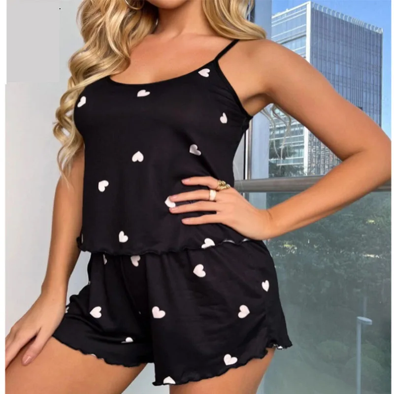 Plus Size Love Print Women Pajamas Two Piece Sexy Camisole Shorts Black Student Pajama Set Easy to Wash Shorts Homewear Two Piec