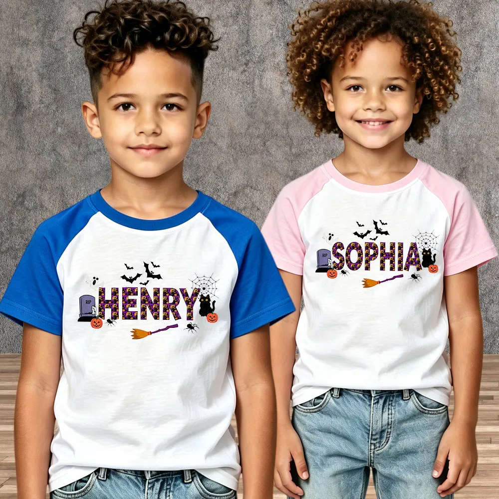 Personalized Trick or Treat Shirt Custom Kids Halloween Name Tee Cotton Short Sleeve Tops Boys Girls Children T‑Shirt