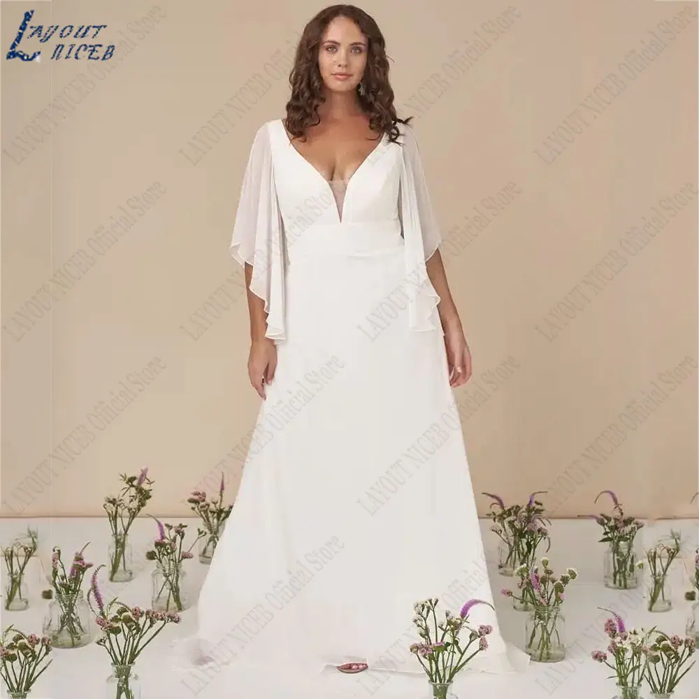 LAYOUT NICEB Batwing Mangas De Cetim Vestidos De Noiva V-Neck Backless Vestido De Noiva Voltar Zipper A Linha vestido de noiva casamento 2024LAYOUT NICEB Batwing Mangas De Cetim Vestidos De Noiva V-Neck Backless Vestid