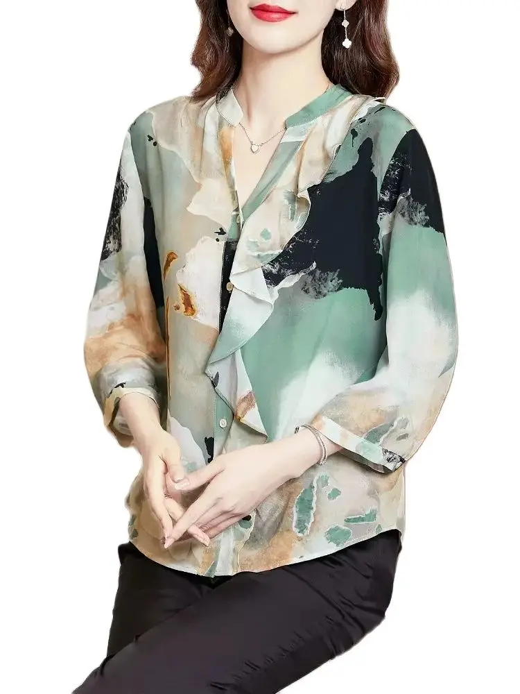 BirdTree 100%Real Silk Elegant Shirt For Women, V Neck Ruffled Rdge, Vintage Printed Temperament Blouse, 2024 Spring T42333QC