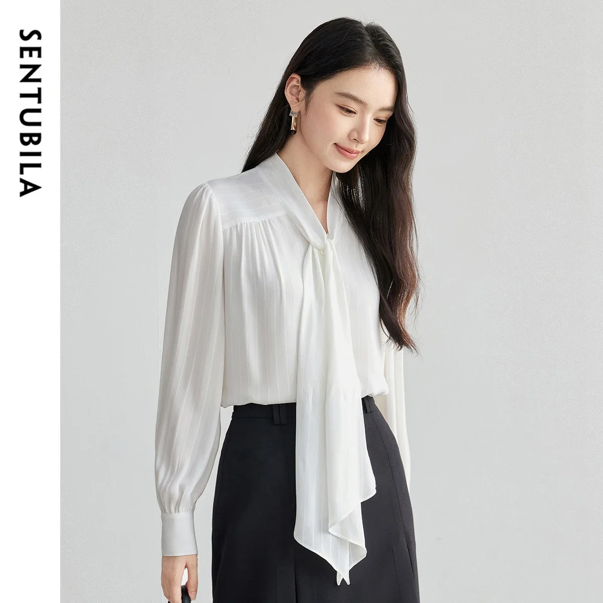 SENTUBILA Fashion White Shirt For Women 2025 Spring New Hanging Butterfly Ribbon V-Neck Chiffon Shirt Commuting Tops 151V57849