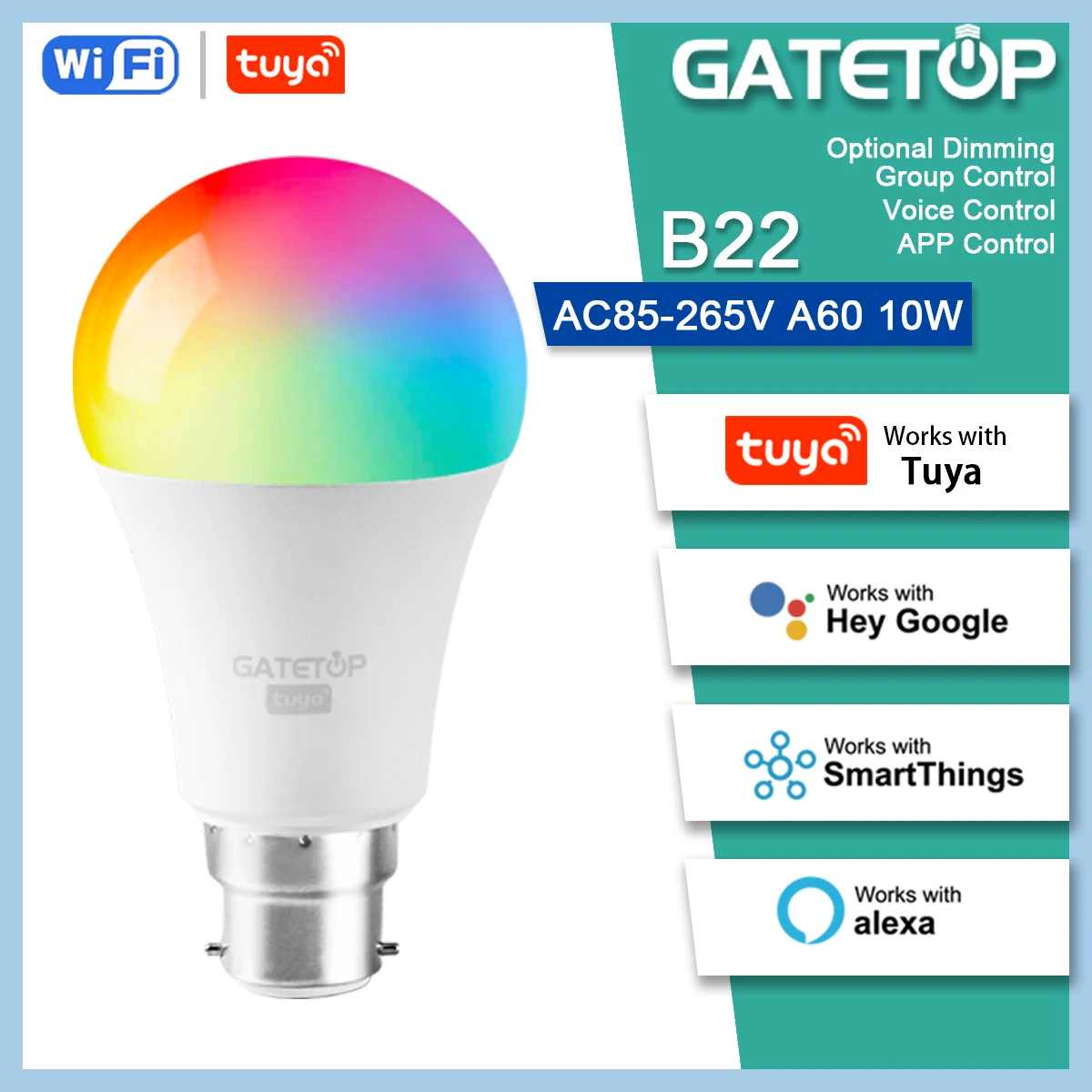 

bombilla inteligente con Wifi/Bluetooth，A60 B22 luz regulable por voz RGB de，10W 85V-265V Bulb,Control por aplicacion Smart Life