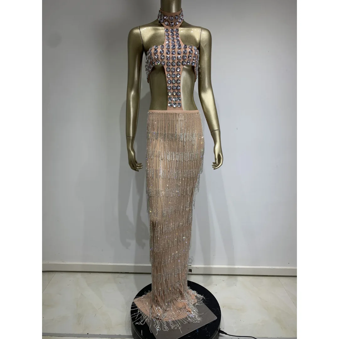 

Sexy Rhinestone Neck Dress Birthday Party Gown Nightclub Performance Outfit Evening Clubwear Stage Dress שמלות ערב לנשים לאירוע