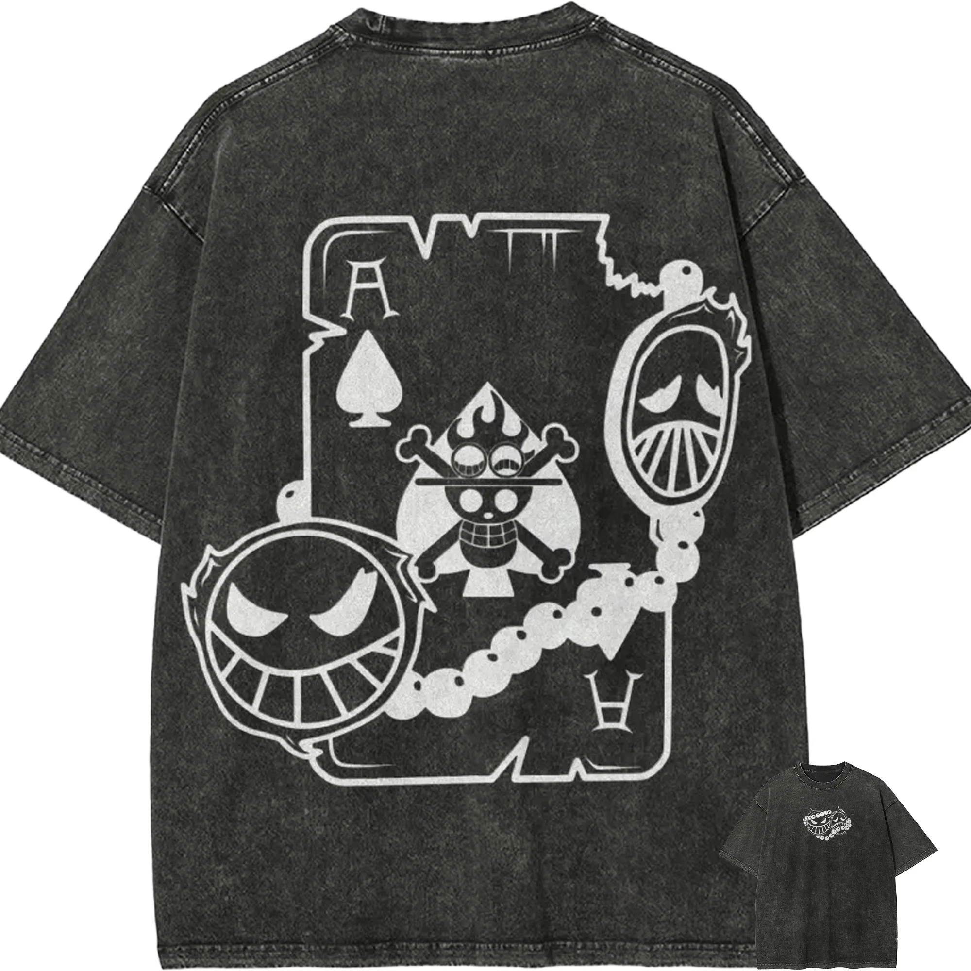 2026 One Piece Anime Poker Pik-Ass Bedrucktes T-Shirt für Herren und Damen, gewaschenes T-Shirt, hochwertiges Vintage-Baumwoll-T-Shirt