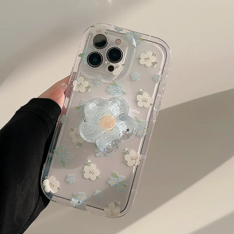 

Cute Flower Transparent Silicone Phone Case For iPhone 15 14 13 12 11 Pro 12 Max Floral Soft Shockproof Bumper Cover With Holder