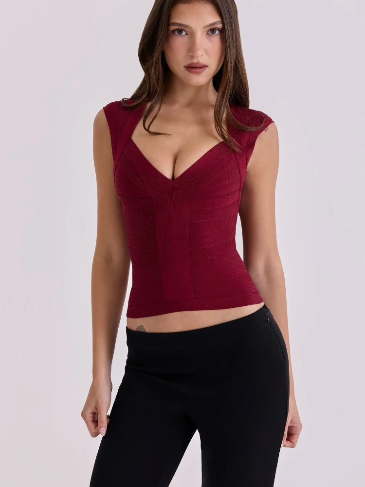 Nouveau Haut Pour Femme, Style Bandage, Décolleté En V Profond, Ajusté À La Taille, Coupe Moulante, Sans Manches, Extensible, Sp