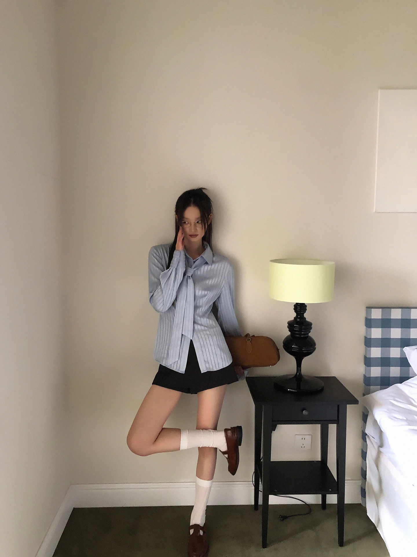 Haut Chic à rayures bleu pour femmes, coupe cintrée, haut Chic, confortable, respirant, Long, en Fiber de Polyester, automne