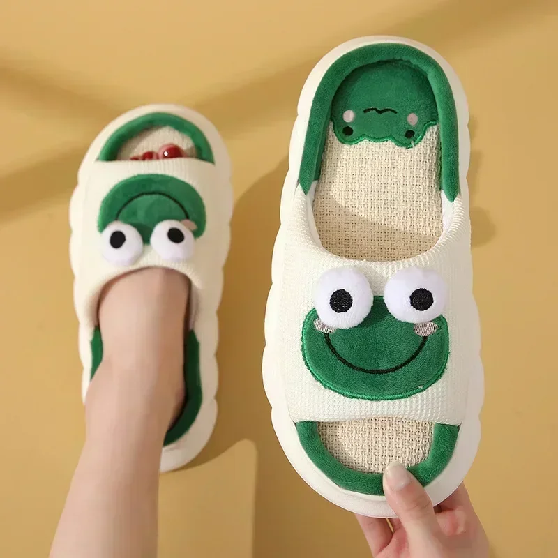 Four Seasons At Home Linen Slippers Couples Indoor Use Anti Slip Thick Sole Sandals Boys and Girls Cute Frogs