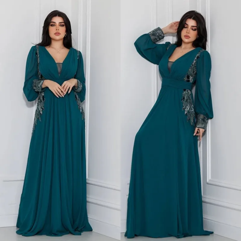 Aleeshuo Saudi Arabia Groene Glanzende Kralen Appliques Avond Dresse Chiffon Feest Prom Sexy Illusie Diepe V-Hals Avondjurk 2024