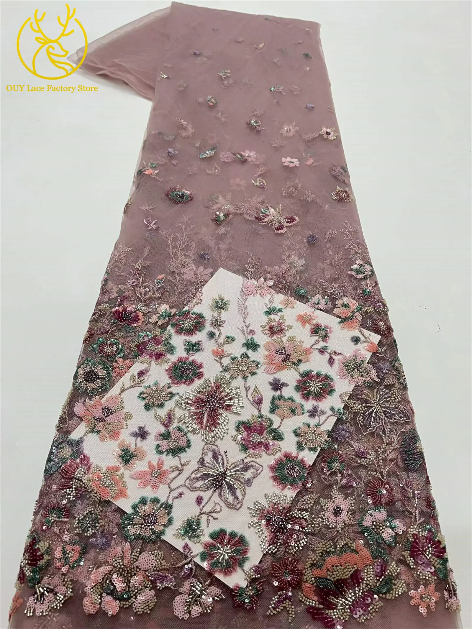 5 Yards afrikanischer handgefertigter bestickter Spitzenstoff, hochwertige französische Pailletten-Tüllspitze, nigerianisch, für Brautkleider – Detail 10