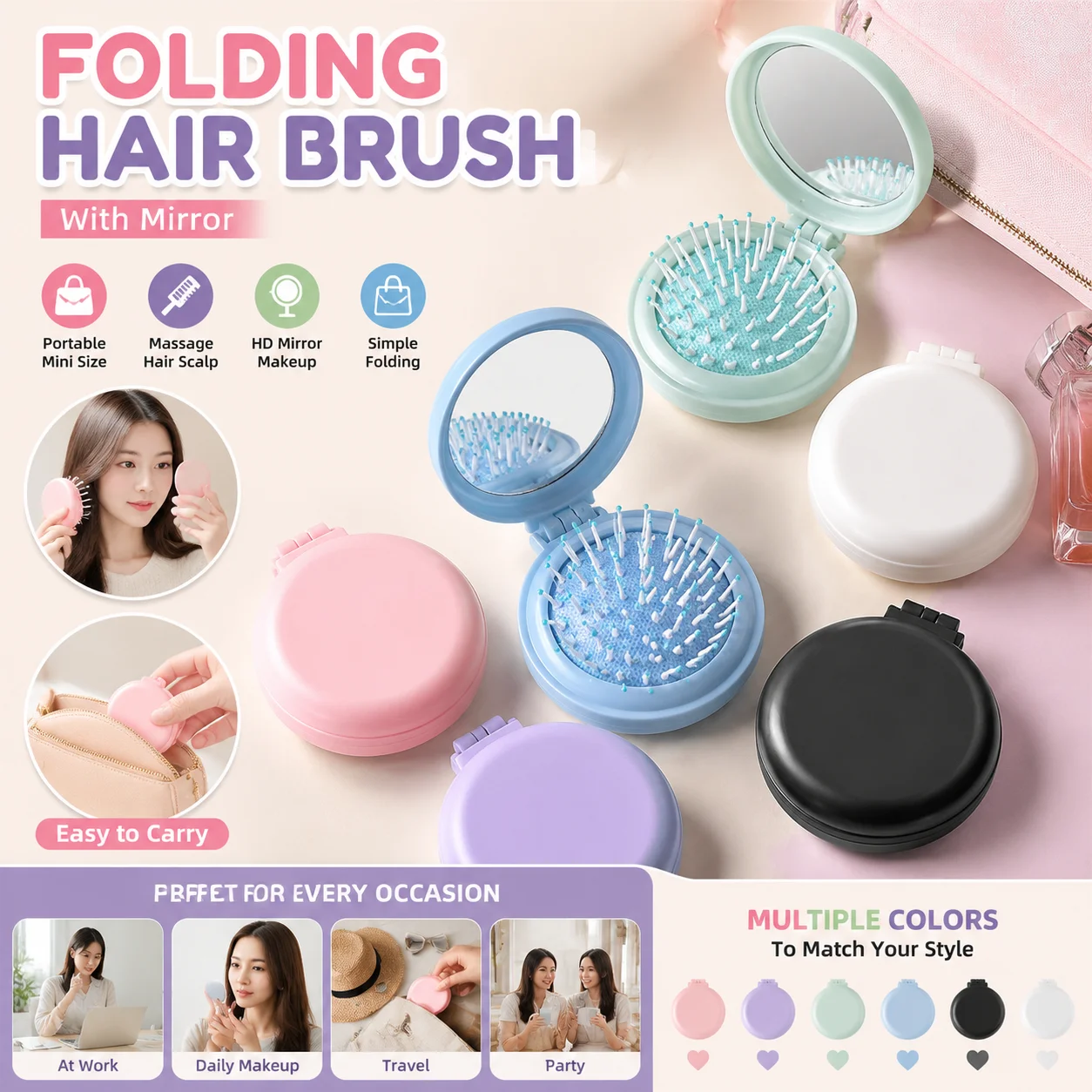 2-in-1 Folding Hair Brush with Mirror, Portable Mini Air Cushion Detangling Massage Comb for Women Girls Travel Purse Makeup Bag